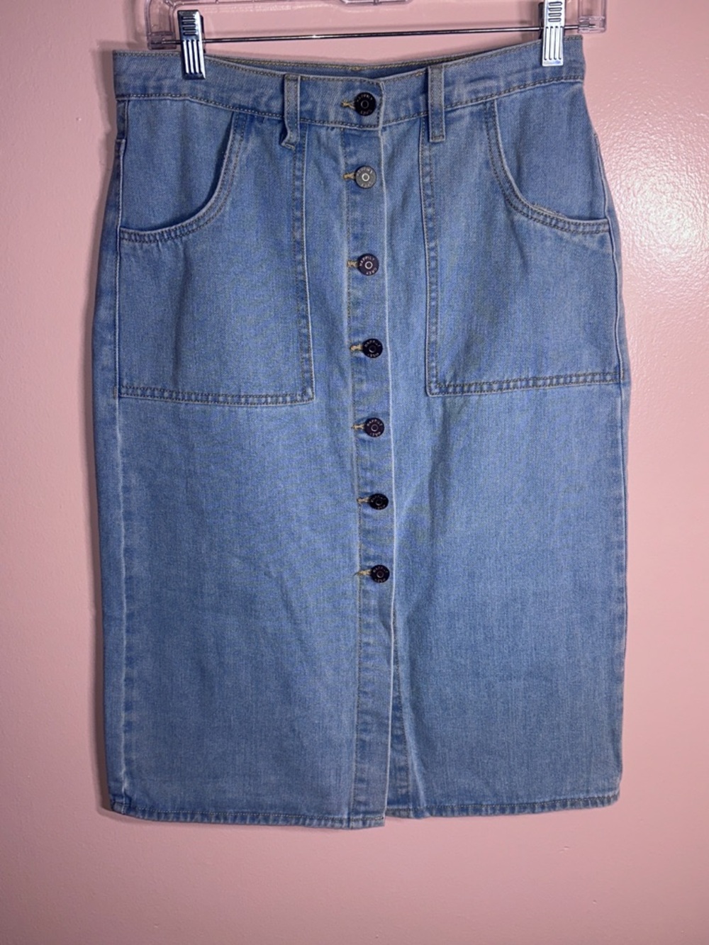 NWOT Light Wash Denim Midi Skirt with Front Buttons